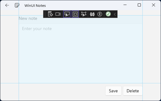 De gebruikersinterface van de nieuwe notitiepagina met het raster uitgelicht door Visual Studio.