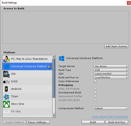 Schermopname van het venster Build-instellingen, met de selectielijst Platform. Universeel Windows-platform is geselecteerd.