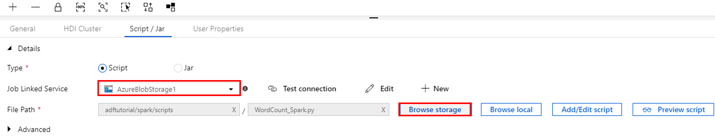 Określanie skryptu Spark na karcie 