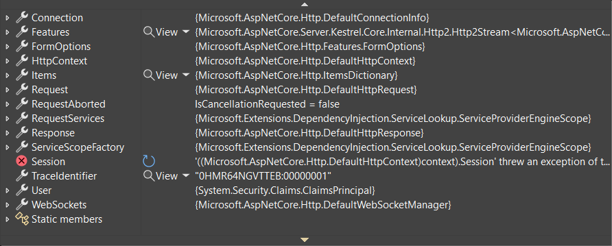 Nieprzydatne wyświetlanie w debugerze typu HttpContext na platformie .NET 7.