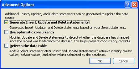 Wybierz opcję generowania tylko instrukcji Insert, Update i Delete