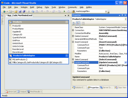 Obiekt TableAdapter ma polecenia InsertCommand, UpdateCommand i DeleteCommand