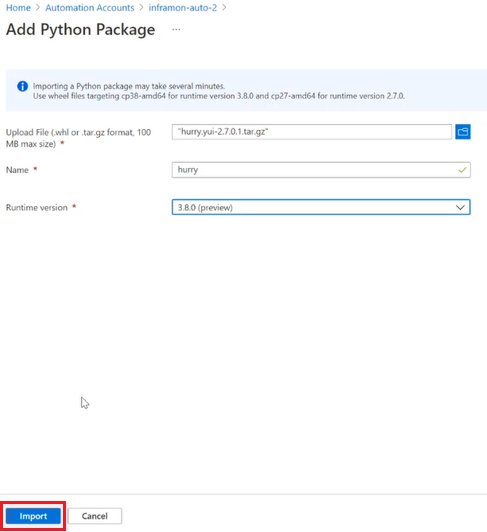 Zrzut ekranu przedstawia stronę Dodaj pakiet Python 3.8 z wybranym plikiem tar.gz.
