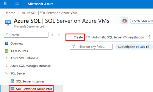 Zrzut ekranu przedstawiający stronę programu SQL Server na maszynach wirtualnych platformy Azure ze strony centrum Azure SQL w witrynie Azure Portal z widocznym przyciskiem +Utwórz.