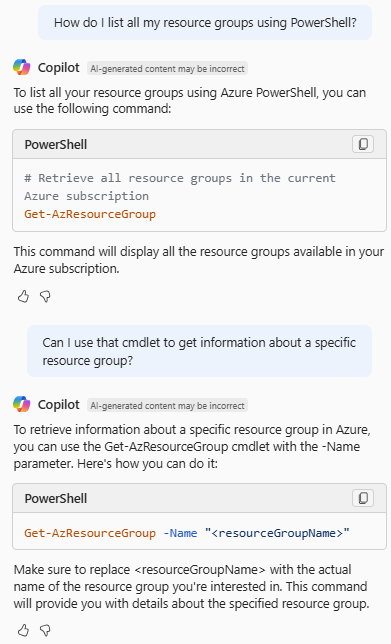 Zrzut ekranu przedstawiający usługę Azure Copilot udostępniającą polecenie cmdlet programu PowerShell do wyświetlania listy grup zasobów.