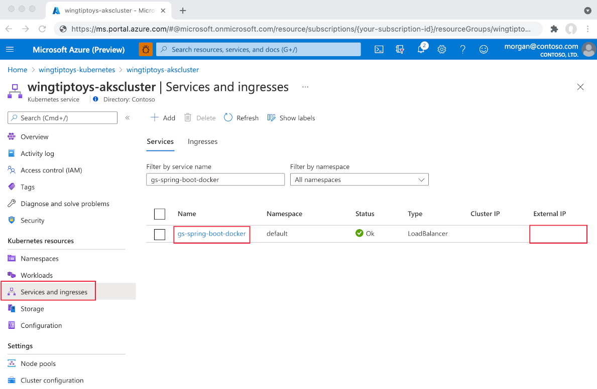 widok zasobów platformy Kubernetes, lista usług, wyróżnione zewnętrzne punkty końcowe.