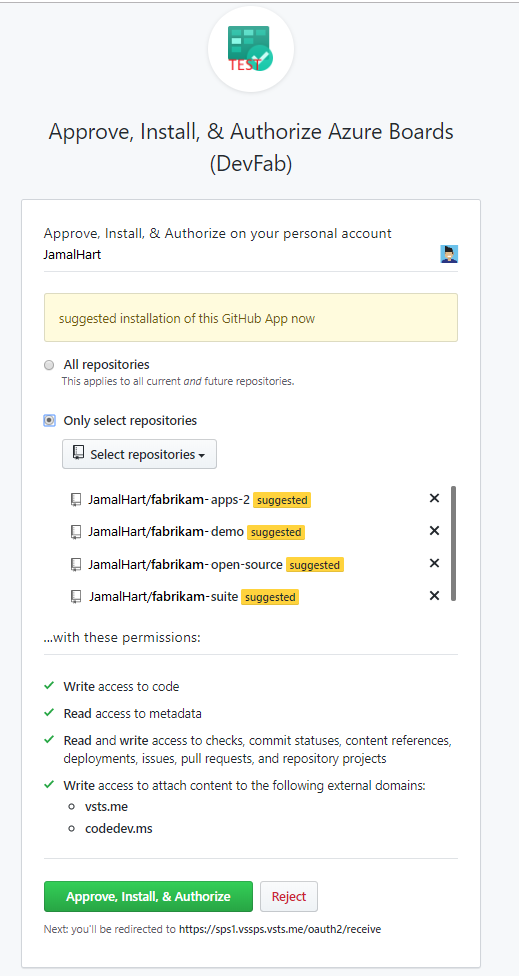 Zrzut ekranu przedstawiający potwierdzenie repozytoriów GitHub.