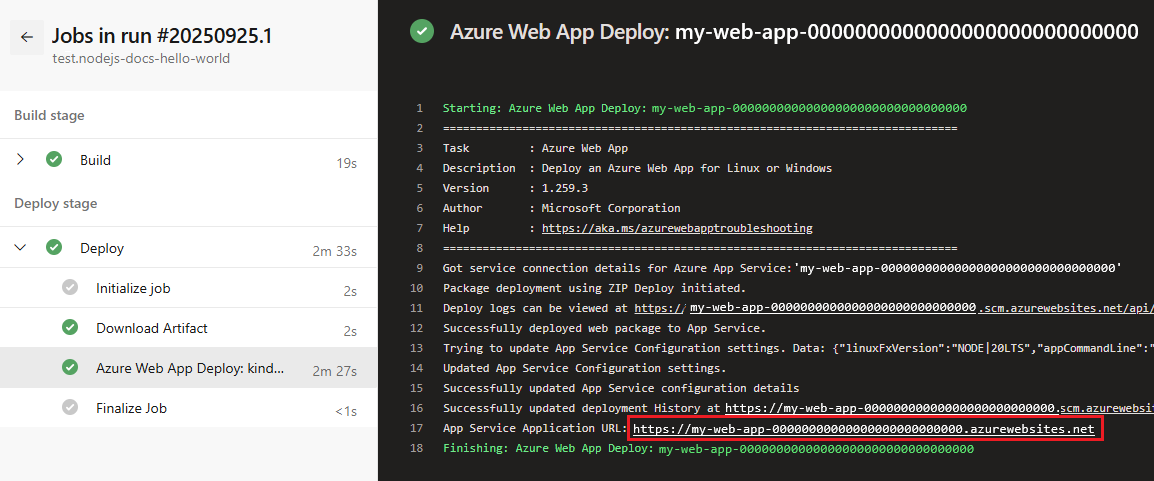 Zrzut ekranu przedstawiający lokalizację adresu URL witryny internetowej w usłudze Azure Pipelines.