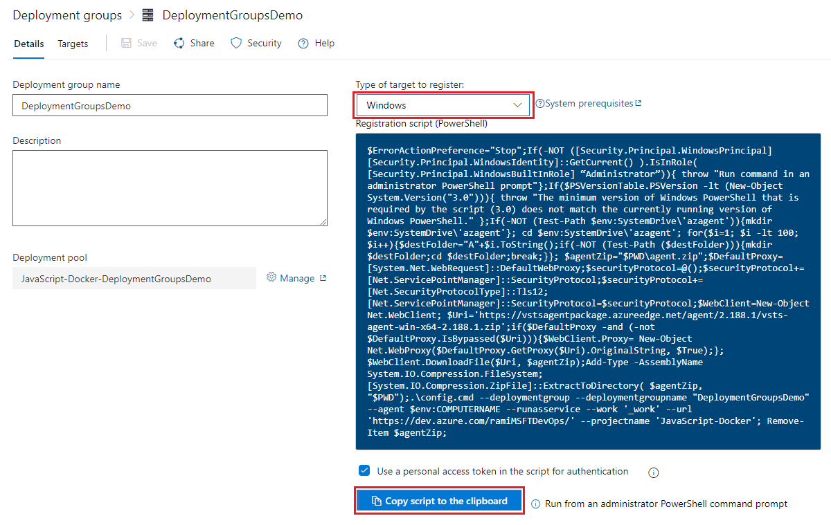 Zrzut ekranu przedstawiający sposób tworzenia grupy wdrożenia w usłudze Azure Pipelines.