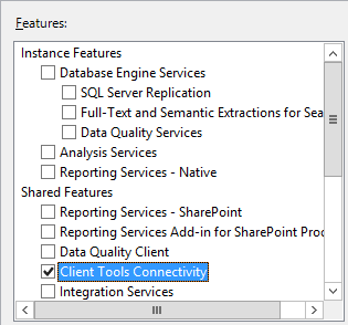 Zrzut ekranu przedstawiający instalację funkcji łączności narzędzi klienckich programu SQL Server.