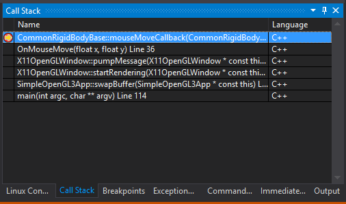 Okno stosu wywołań programu Visual Studio z wyświetlonym stosem wywołań systemu Linux.