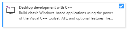 Zrzut ekranu przedstawiający instalator programu Visual Studio, obciążenie dotyczące rozwoju aplikacji desktopowych z językiem C++.