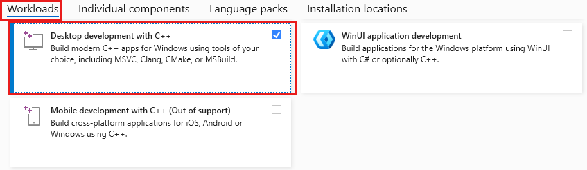 Zrzut ekranu przedstawiający instalator Visual Studio z wybraną funkcją Programowanie aplikacji klasycznych z pakietem C plus obciążeniem.