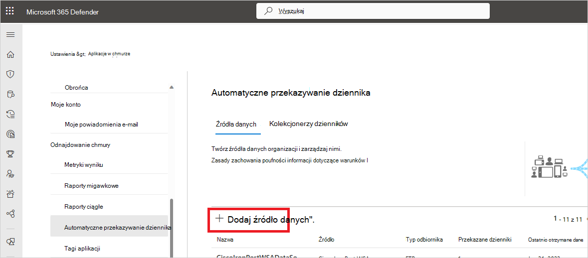Zrzut ekranu przedstawiający kartę Źródła danych z przyciskiem Dodaj źródło danych w ustawieniach rozwiązania Cloud Discovery.
