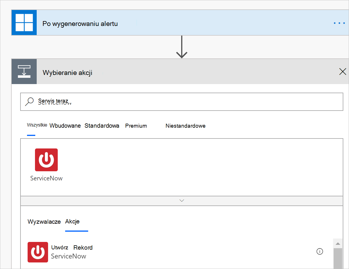 Zrzut ekranu przepływu pracy Power Automate, przedstawiający wyzwalacz alertu i skonfigurowaną akcję łącznika ServiceNow.