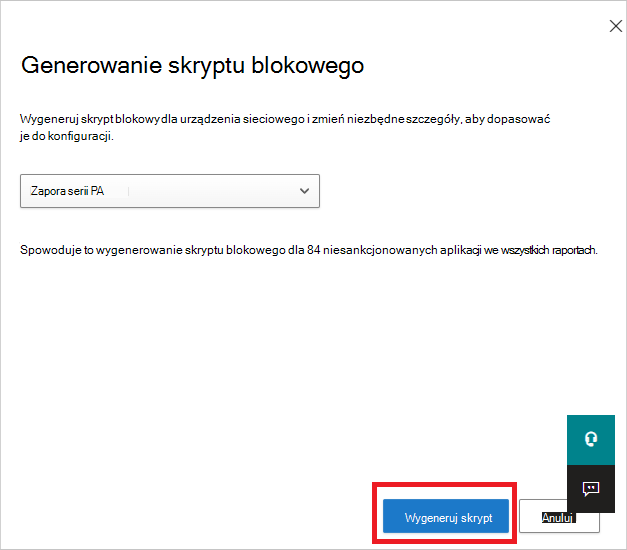 Zrzut ekranu przedstawiający przycisk Generuj skrypt służący do tworzenia skryptu bloku dla wszystkich niezaakceptowanych aplikacji.