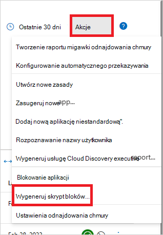 Zrzut ekranu przedstawiający opcję „Generowanie skryptu blokowania” w menu Akcje w Microsoft Defender for Cloud Apps.