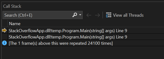 stos wywołań StackOverflow w Visual Studio.