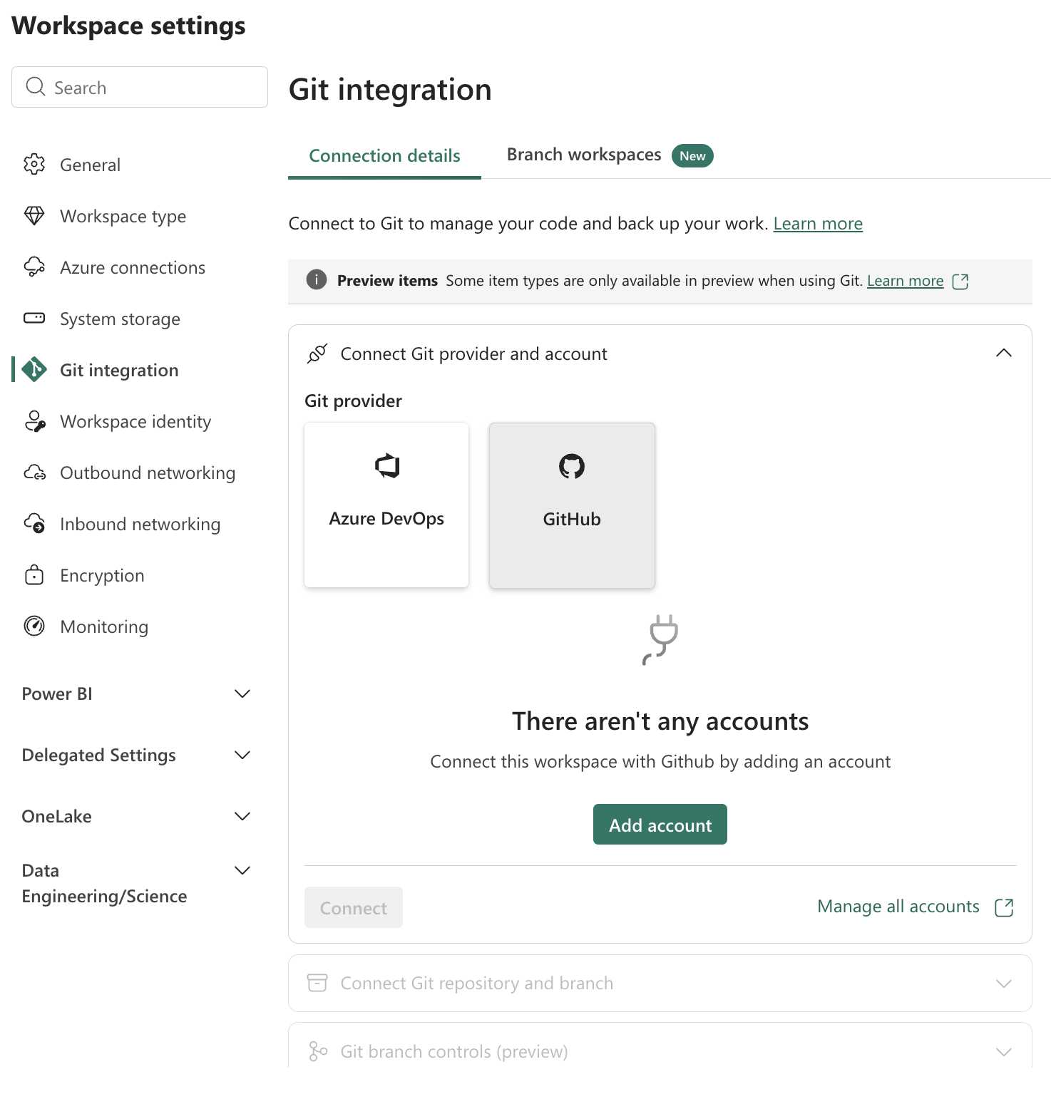  Zrzut ekranu przedstawiający okno integracji GitHub bez żadnych istniejących kont do wybrania 