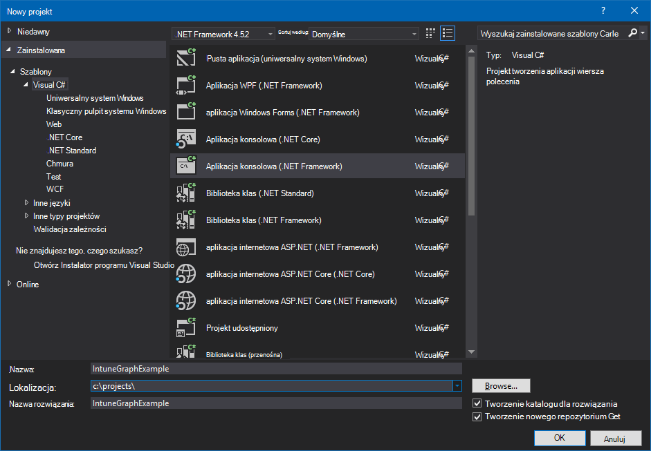 Tworzenie projektu aplikacji konsolowej języka C# w programie Visual Studio