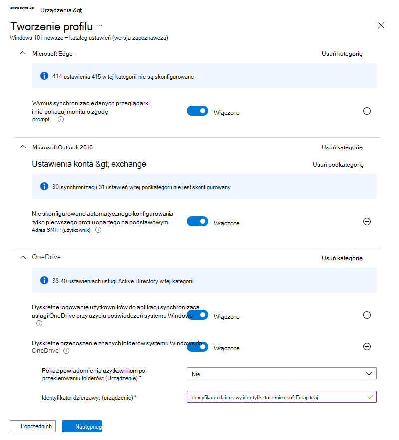 Zrzut ekranu przedstawiający przykład profilu wykazu ustawień w usłudze Microsoft Intune.