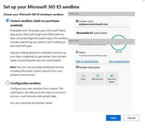 Set up your Microsoft 365 E5 sandbox - sandbox type selection dialog