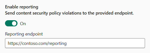 Screenshot of a toggle labeled Enable reporting turned on and a text box labeled Reporting endpoint containing a url.
