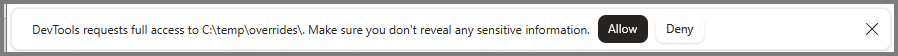Screenshot of the DevTools prompt requesting full access to the Local Overrides folder.