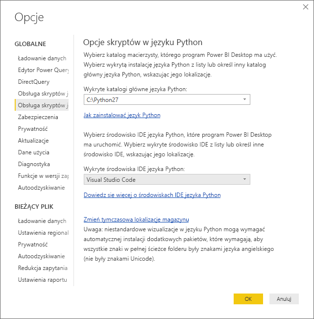 Zrzut ekranu okna dialogowego Opcje, na którym w polu Wykryte środowisko IDE języka Python wpisano Visual Studio Code.