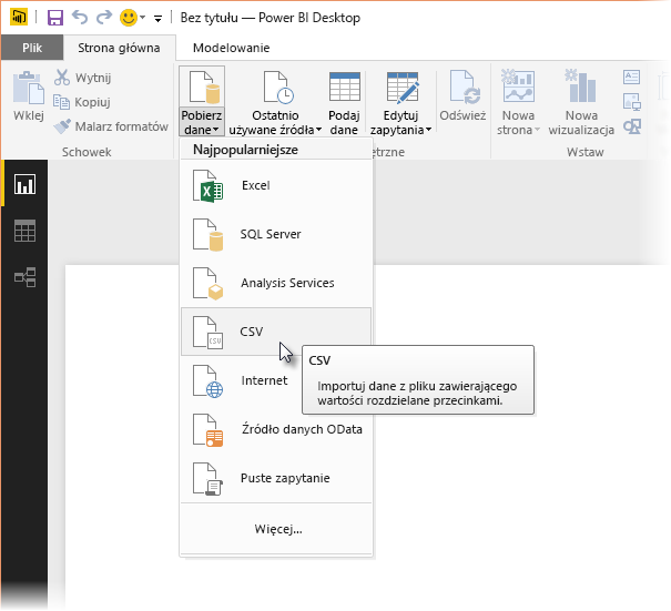 Zrzut ekranu wstążki Pobierz dane w Power BI Desktop, pokazujący wybór CSV.