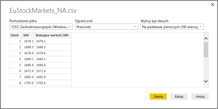 Zrzut ekranu okna dialogowego CSV pokazujący wybrany plik CSV.