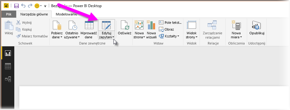 Zrzut ekranu przedstawiający edytor Power Query w programie Power BI Desktop z wyborem Przekształć dane.