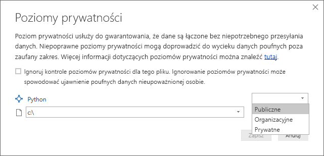 Zrzut ekranu przedstawiający okno dialogowe Poziomy prywatności z ustawionym ustawieniem Publiczny.