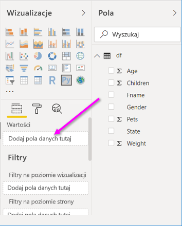Zrzut ekranu z napisem „Przeciągnij tutaj, aby dodać pola danych”.