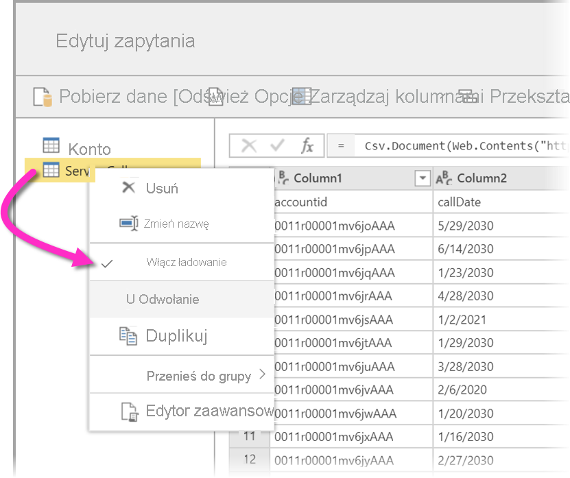 Zrzut ekranu przedstawiający menu kontekstowe w wybranej tabeli z wyróżnioną opcją włączenia ładowania.