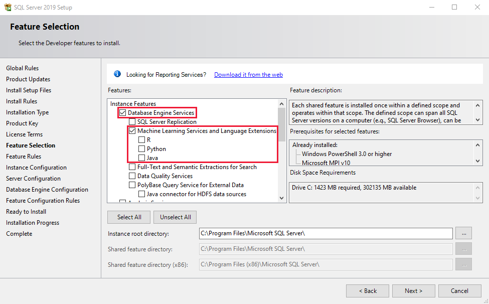 Konfiguracja rozszerzeń językowych programu SQL Server 2019.