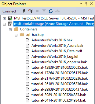 Zrzut ekranu z Eksploratora obiektów w programie SSMS z wieloma migawkami w kontenerze platformy Azure.