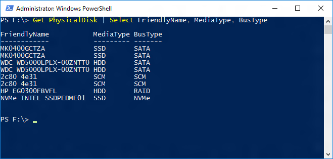 Zrzut ekranu przedstawiający okno programu Windows PowerShell z danymi wyjściowymi polecenia cmdlet Get-PhysicalDisk.