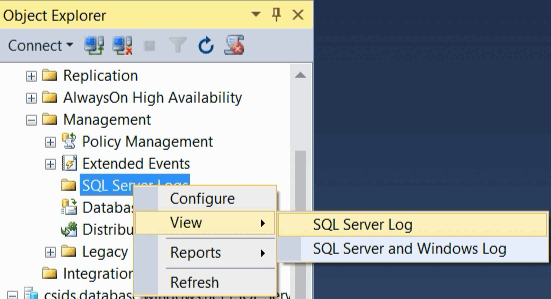 Wyświetl dziennik programu SQL Server w programie SSMS.