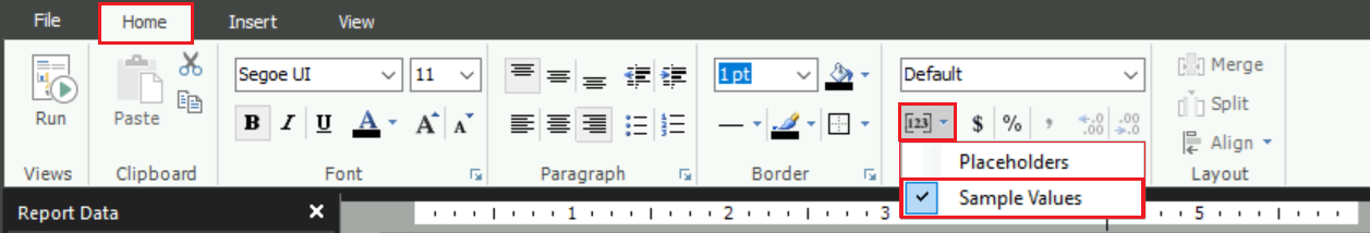 Screenshot pokazujący, jak wybrać opcję Przykładowe wartości dla symboli zastępczych w Report Builder.