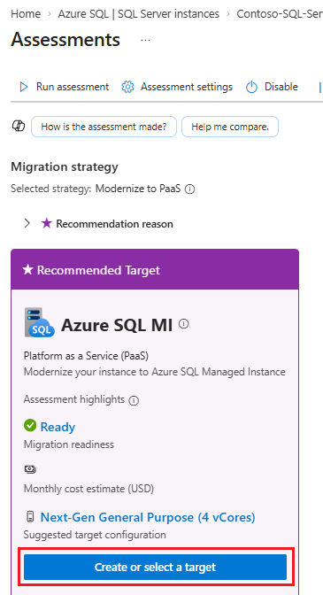 Screenshot przedstawiający okienko Oceny w portalu Azure z wyróżnioną pozycją Utwórz element docelowy.