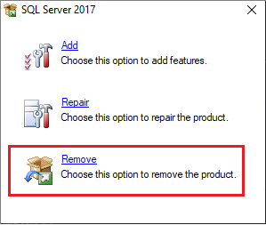 Screenshot przedstawiający sposób usuwania SQL Server.