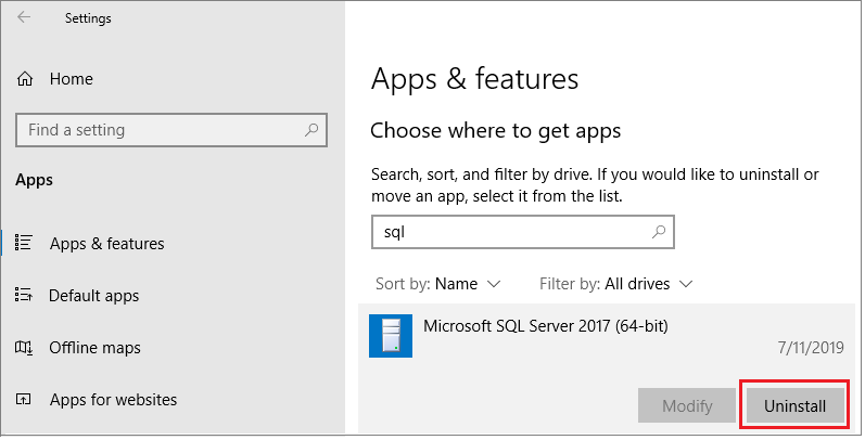 Screenshot przedstawiający sposób odinstalowania SQL Server.