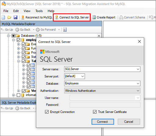 Zrzut ekranu przedstawiający nawiązywanie połączenia z programem SQL Server.