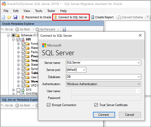 Zrzut ekranu przedstawiający okienko Łączenie z programem SQL Server w programie SSMA for Oracle.