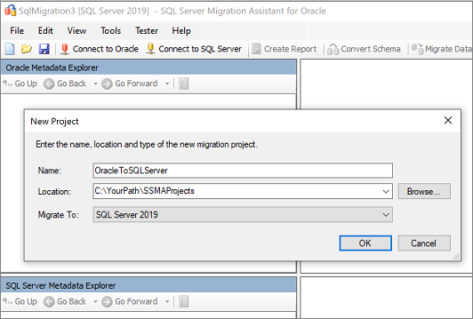 Zrzut ekranu przedstawiający okienko Nowy projekt w programie SSMA for Oracle.