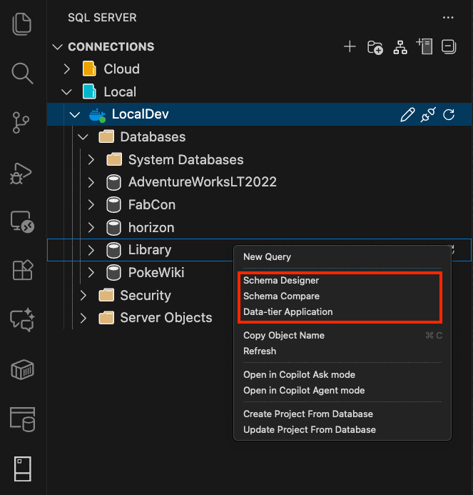 Zrzut ekranu przedstawiający uruchamianie środowiska aplikacji warstwy danych w rozszerzeniu MSSQL dla programu Visual Studio Code.