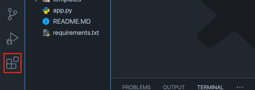 Zrzut ekranu przedstawiający pasek działań programu Visual Studio Code z wyróżnioną ikoną rozszerzenia