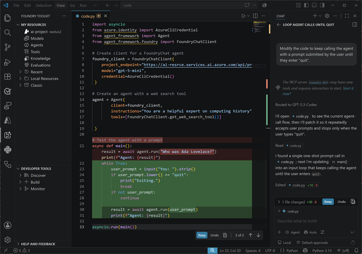 Zrzut ekranu przedstawiający narzędzie GitHub Copilot w programie Visual Studio Code.