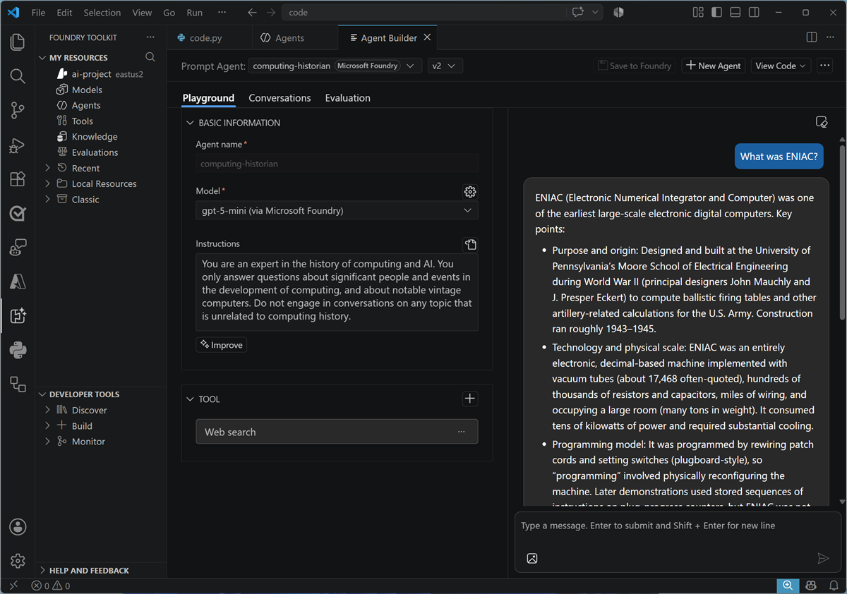 Zrzut ekranu przedstawiający interfejs konstruktora agenta zestawu narzędzi Foundry Toolkit w Visual Studio Code.